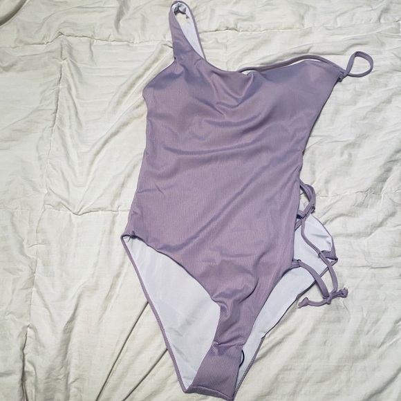 Rib Lace Up One Shoulder Swimsuit - Picture 1 of 6